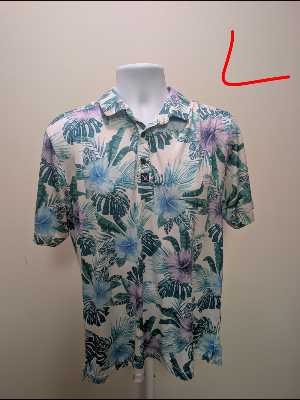 Tropical Print Polo Shirt - White with Green & Blue